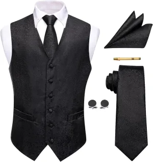 Mens Victorian Vest Tie Set Silk Paisley Suit Vests Formal Waistcoat Gothic Steampunk Vest with Notched Lapels