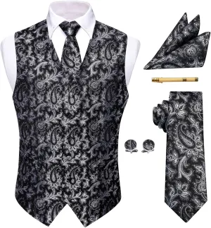 Mens Victorian Vest Tie Set Silk Paisley Suit Vests Formal Waistcoat Gothic Steampunk Vest with Notched Lapels