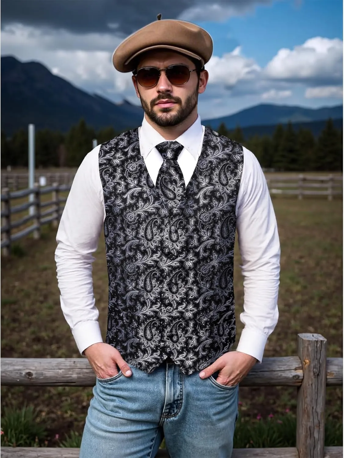Mens Victorian Vest Tie Set Silk Paisley Suit Vests Formal Waistcoat Gothic Steampunk Vest with Notched Lapels