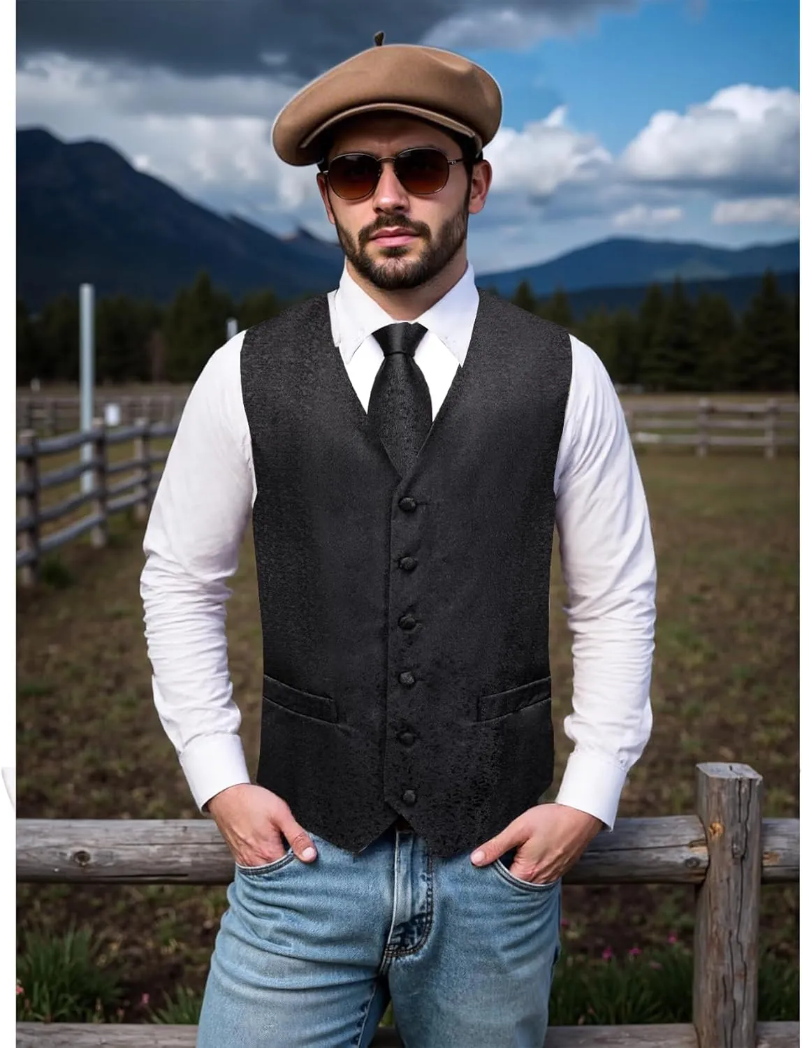 Mens Victorian Vest Tie Set Silk Paisley Suit Vests Formal Waistcoat Gothic Steampunk Vest with Notched Lapels