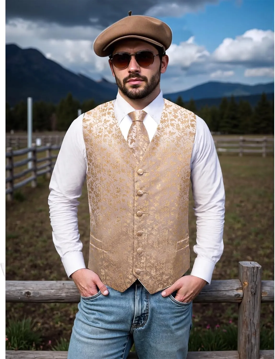 Mens Victorian Vest Tie Set Silk Paisley Suit Vests Formal Waistcoat Gothic Steampunk Vest with Notched Lapels