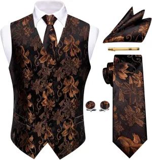 Mens Victorian Vest Tie Set Silk Paisley Suit Vests Formal Waistcoat Gothic Steampunk Vest with Notched Lapels