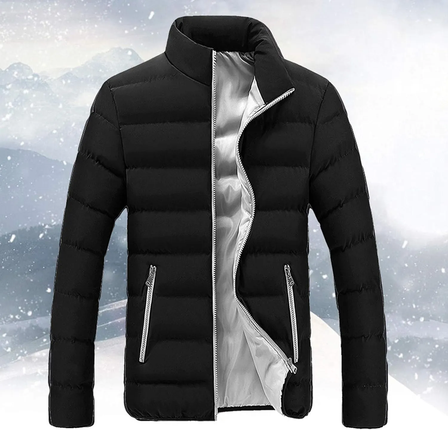 Mens Winter Jacket with Hood Quilted Puffer Jacket Full Zip Warm Thick Coats Cold Weather Work Outerwear Down Jacket