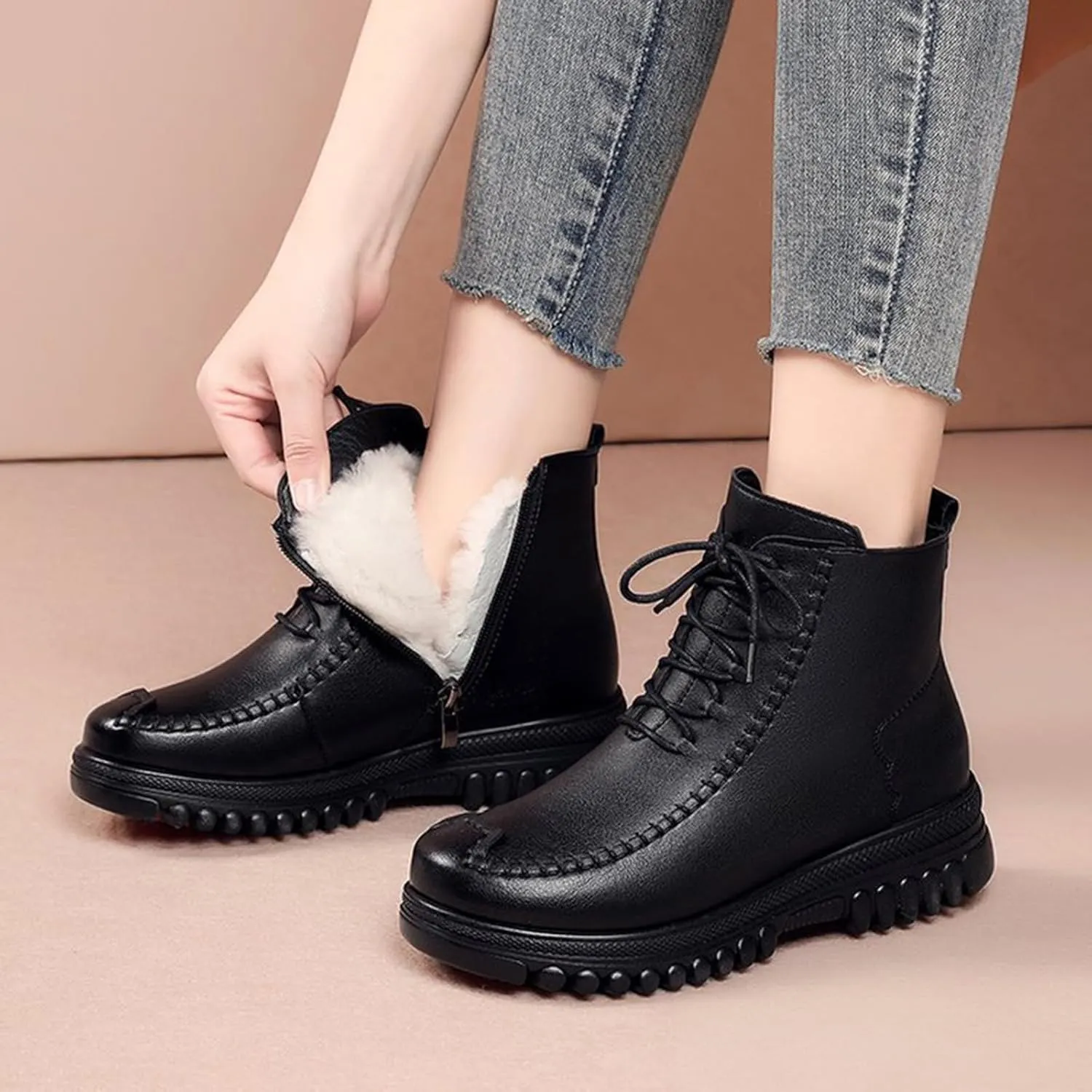 Men's Winter Outdoor Hiking Waterproof Snow Boots Round Toe Fleece Warm Mid Non-slip Zip Height Ankle Booties