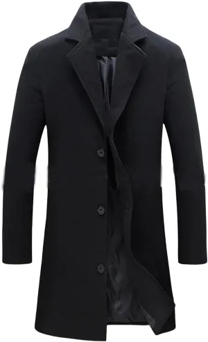 Men's Wool Blend Pea Coat Notched Collar Single Breasted Coats Warm Winter Trench Overcoat