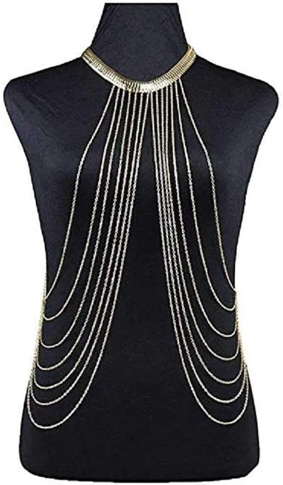MERSDW Ladies Sexy Crystal Body Chain Fringed Short Necklace Evening Dress New Beach Essential Metal Gold-Plated Vest Metal Clothing (Gold)