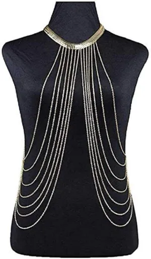 MERSDW Ladies Sexy Crystal Body Chain Fringed Short Necklace Evening Dress New Beach Essential Metal Gold-Plated Vest Metal Clothing (Gold)