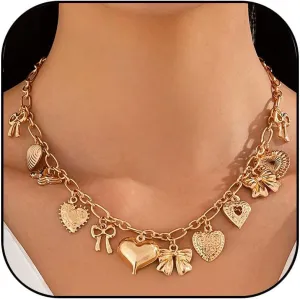 MIFYNN Gold Charm Necklaces for Women Heart Bow Shell Pendant Necklace Statement Choker Necklace Summer Beach Necklace Jewelry Gifts for Women