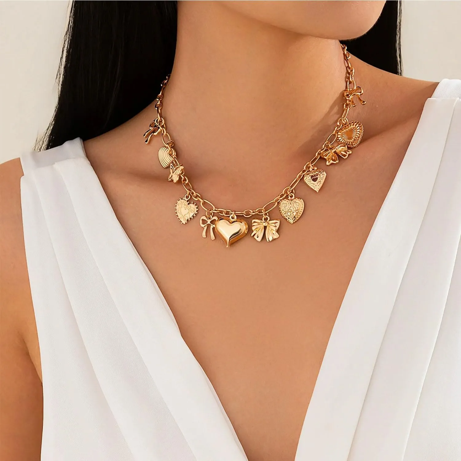 MIFYNN Gold Charm Necklaces for Women Heart Bow Shell Pendant Necklace Statement Choker Necklace Summer Beach Necklace Jewelry Gifts for Women