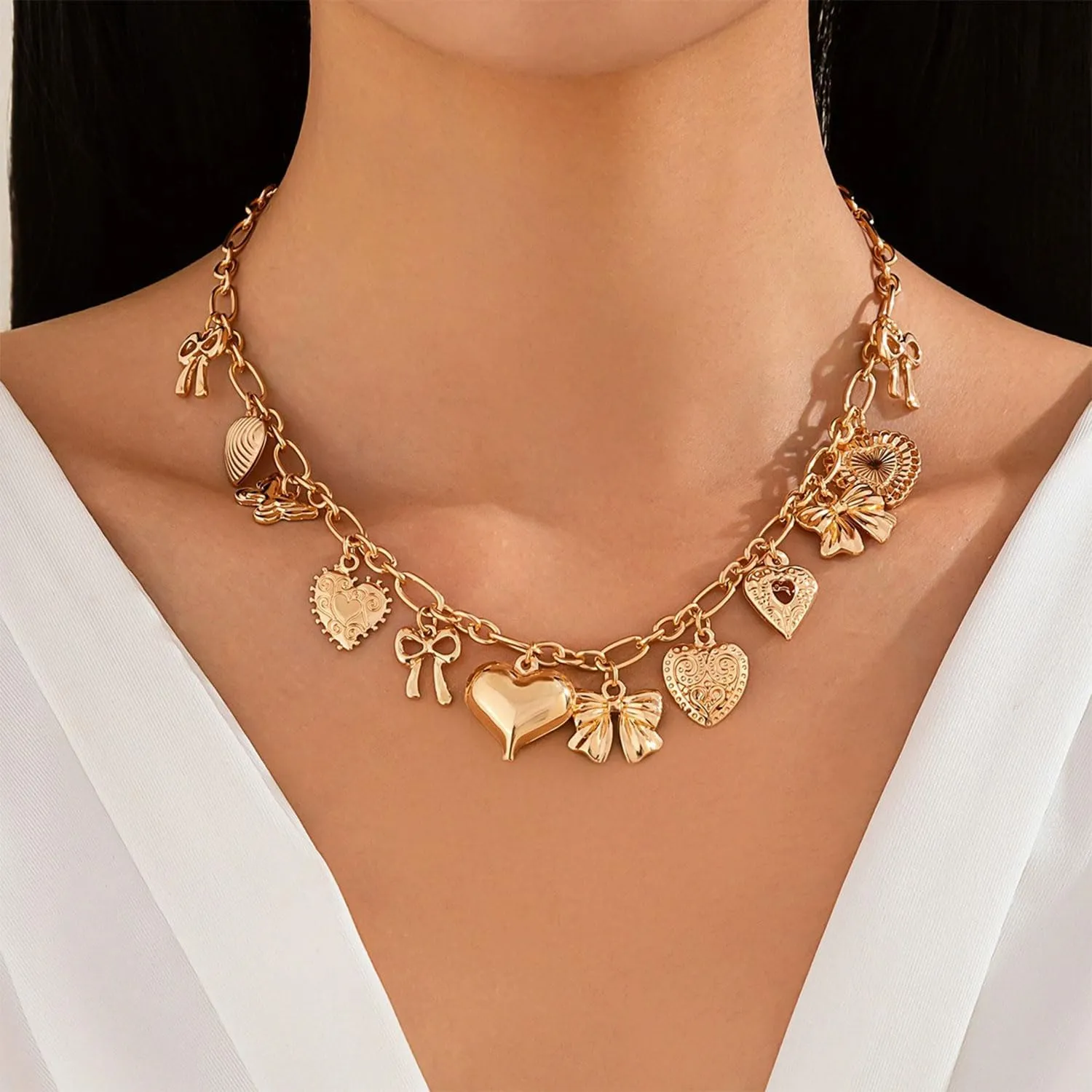 MIFYNN Gold Charm Necklaces for Women Heart Bow Shell Pendant Necklace Statement Choker Necklace Summer Beach Necklace Jewelry Gifts for Women