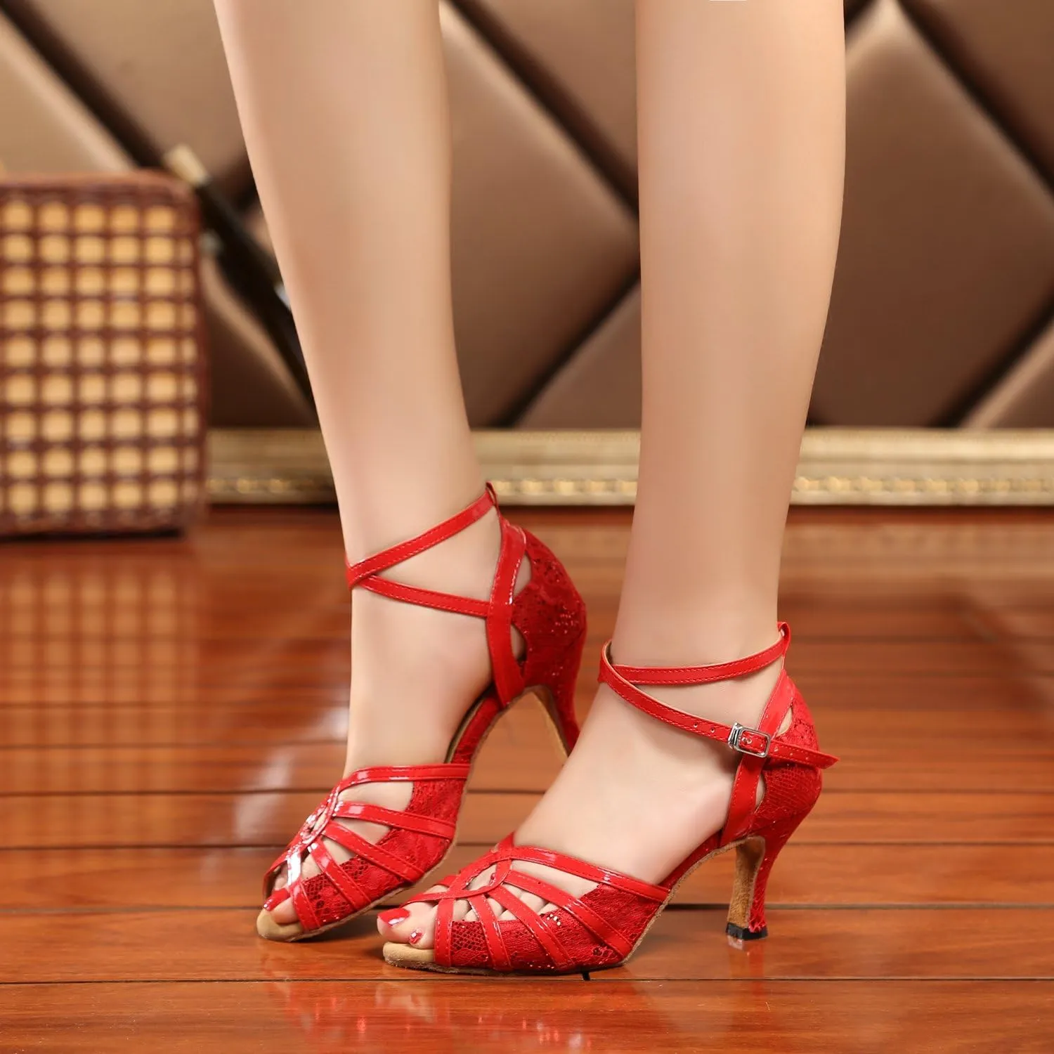 Minishion GL227 Women's Cross Strap Lace Latin Tango Ballroom Dance Shoes Wedding Prom Sandals