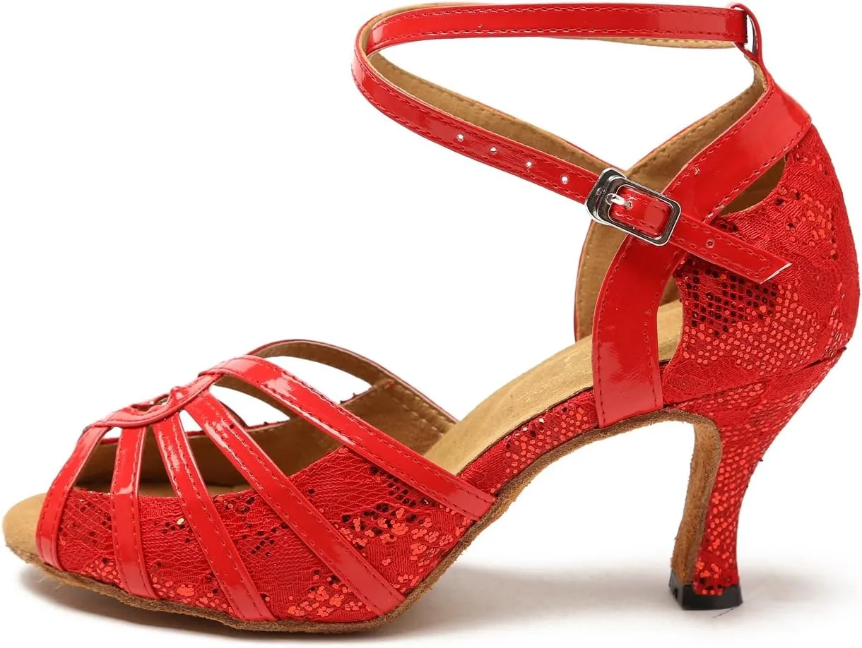Minishion GL227 Women's Cross Strap Lace Latin Tango Ballroom Dance Shoes Wedding Prom Sandals