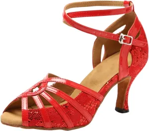 Minishion GL227 Women's Cross Strap Lace Latin Tango Ballroom Dance Shoes Wedding Prom Sandals