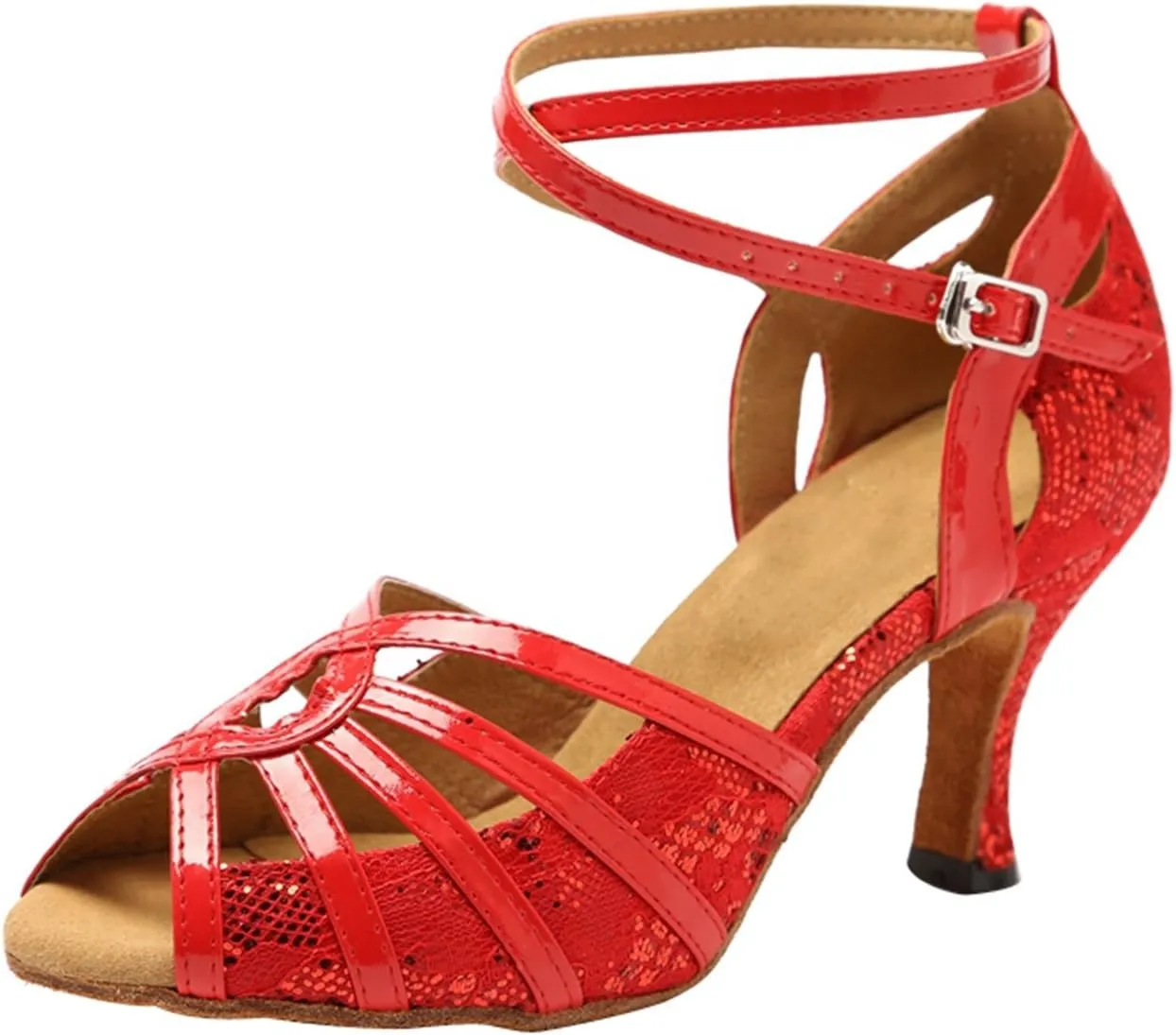 Minishion GL227 Women's Cross Strap Lace Latin Tango Ballroom Dance Shoes Wedding Prom Sandals