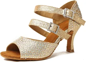 Minishion GL253 Women's Buckle Flare Heel Ballroom Dance Shoes Crystal Wedding Sandals