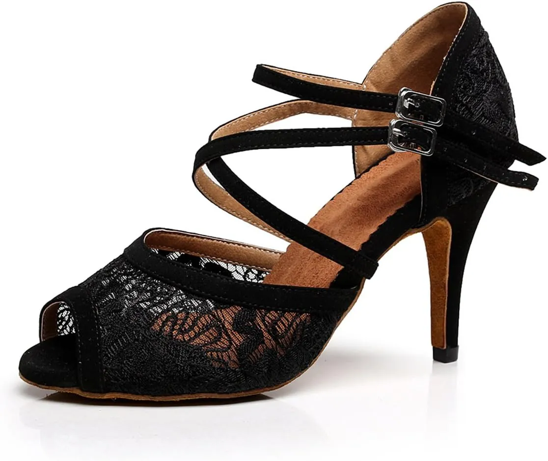 Minishion TQJ3005 Women's Floral Lace Tango Latin Ballroom Dance Shoes Evening Wedding Sandals