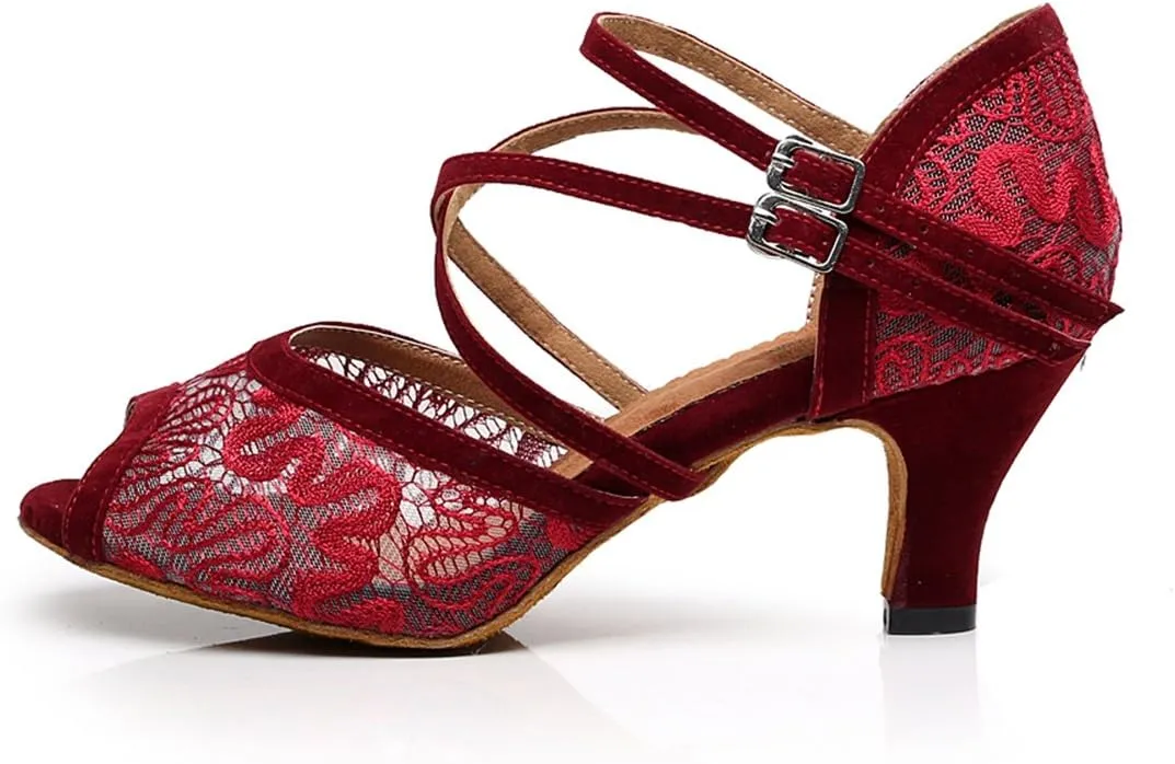 Minishion TQJ3005 Women's Floral Lace Tango Latin Ballroom Dance Shoes Evening Wedding Sandals