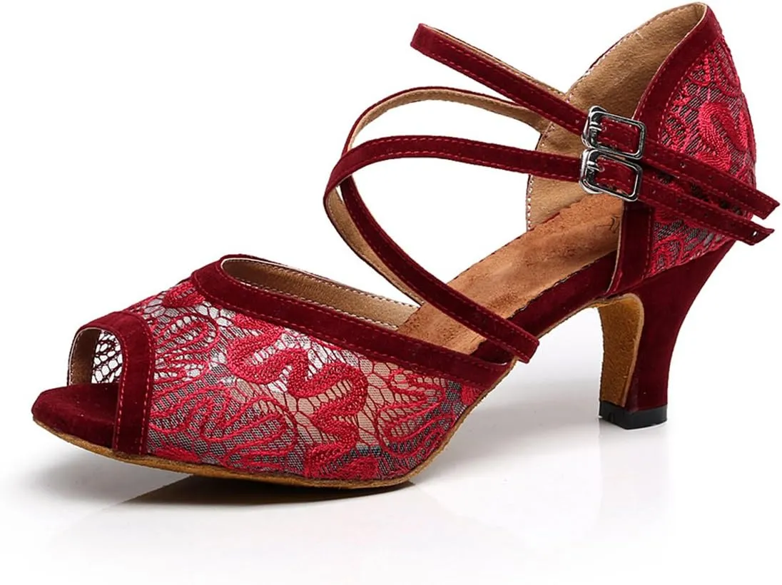 Minishion TQJ3005 Women's Floral Lace Tango Latin Ballroom Dance Shoes Evening Wedding Sandals