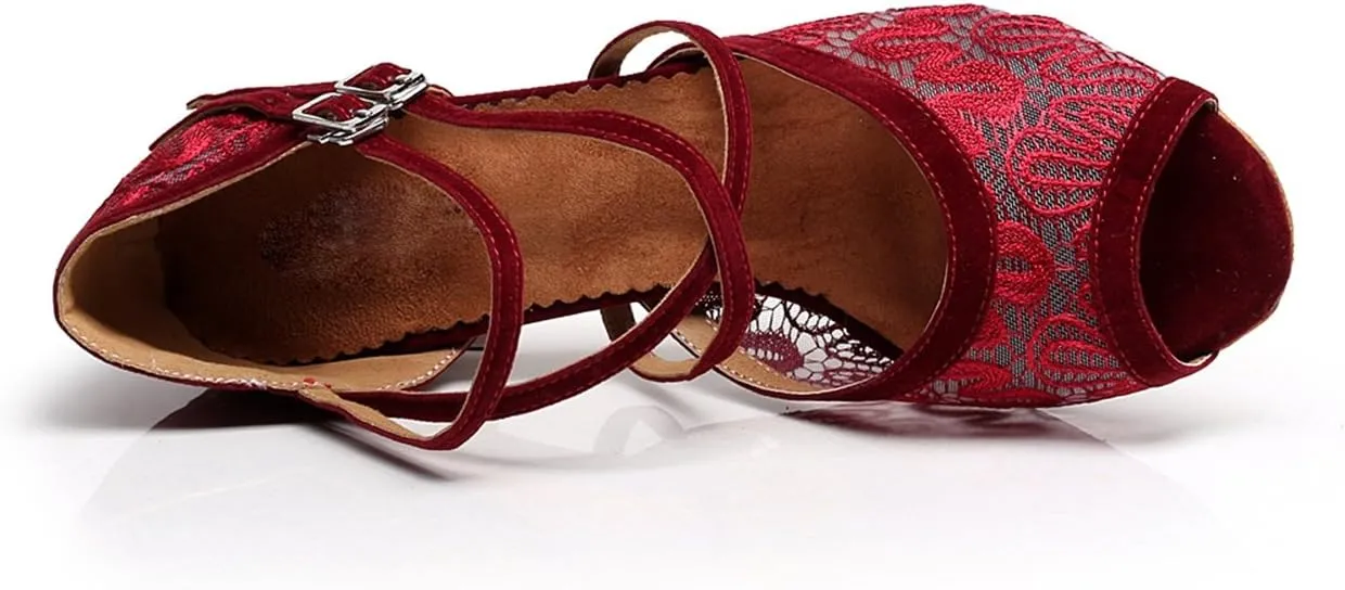 Minishion TQJ3005 Women's Floral Lace Tango Latin Ballroom Dance Shoes Evening Wedding Sandals