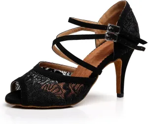 Minishion TQJ3005 Women's Floral Lace Tango Latin Ballroom Dance Shoes Evening Wedding Sandals