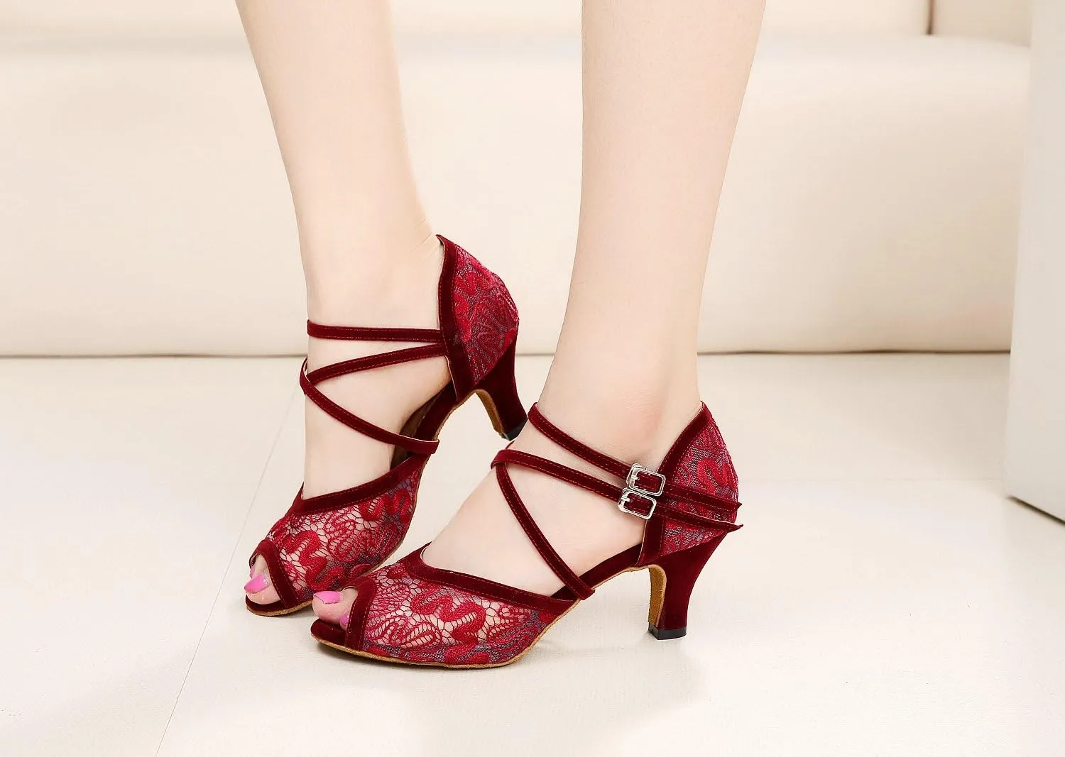 Minishion TQJ3005 Women's Floral Lace Tango Latin Ballroom Dance Shoes Evening Wedding Sandals