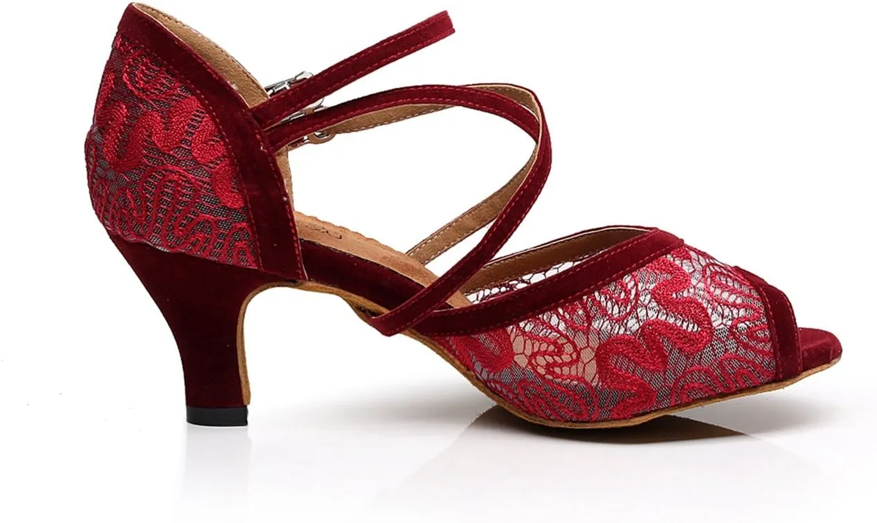 Minishion TQJ3005 Women's Floral Lace Tango Latin Ballroom Dance Shoes Evening Wedding Sandals