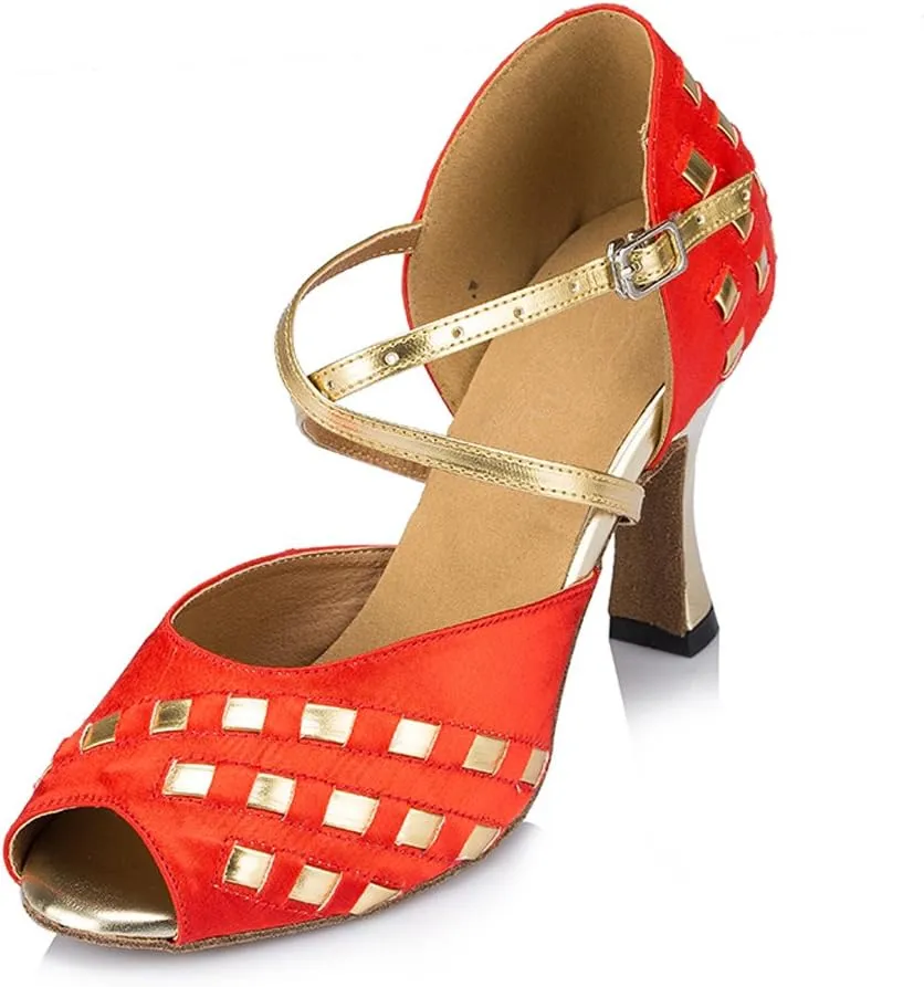 Misu Women's Peep toe Sandals Latin Salsa Tango Practice Ballroom Dance Shoes with 3.1" Heel