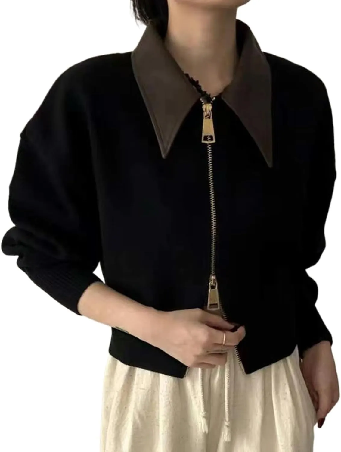 MOLERFO Cropped Cardigan Women Leather Collared Zip up Jacket Knit Sweater Aesthetic Cute Sweaters Fall 2024 Trendy