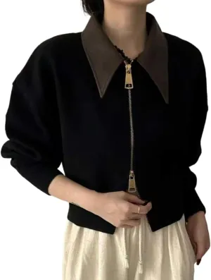 MOLERFO Cropped Cardigan Women Leather Collared Zip up Jacket Knit Sweater Aesthetic Cute Sweaters Fall 2024 Trendy