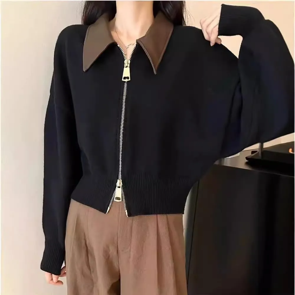 MOLERFO Cropped Cardigan Women Leather Collared Zip up Jacket Knit Sweater Aesthetic Cute Sweaters Fall 2024 Trendy