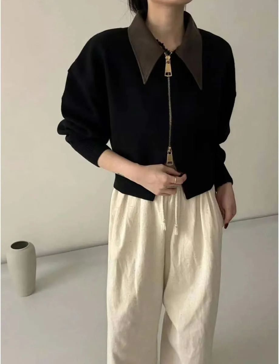 MOLERFO Cropped Cardigan Women Leather Collared Zip up Jacket Knit Sweater Aesthetic Cute Sweaters Fall 2024 Trendy