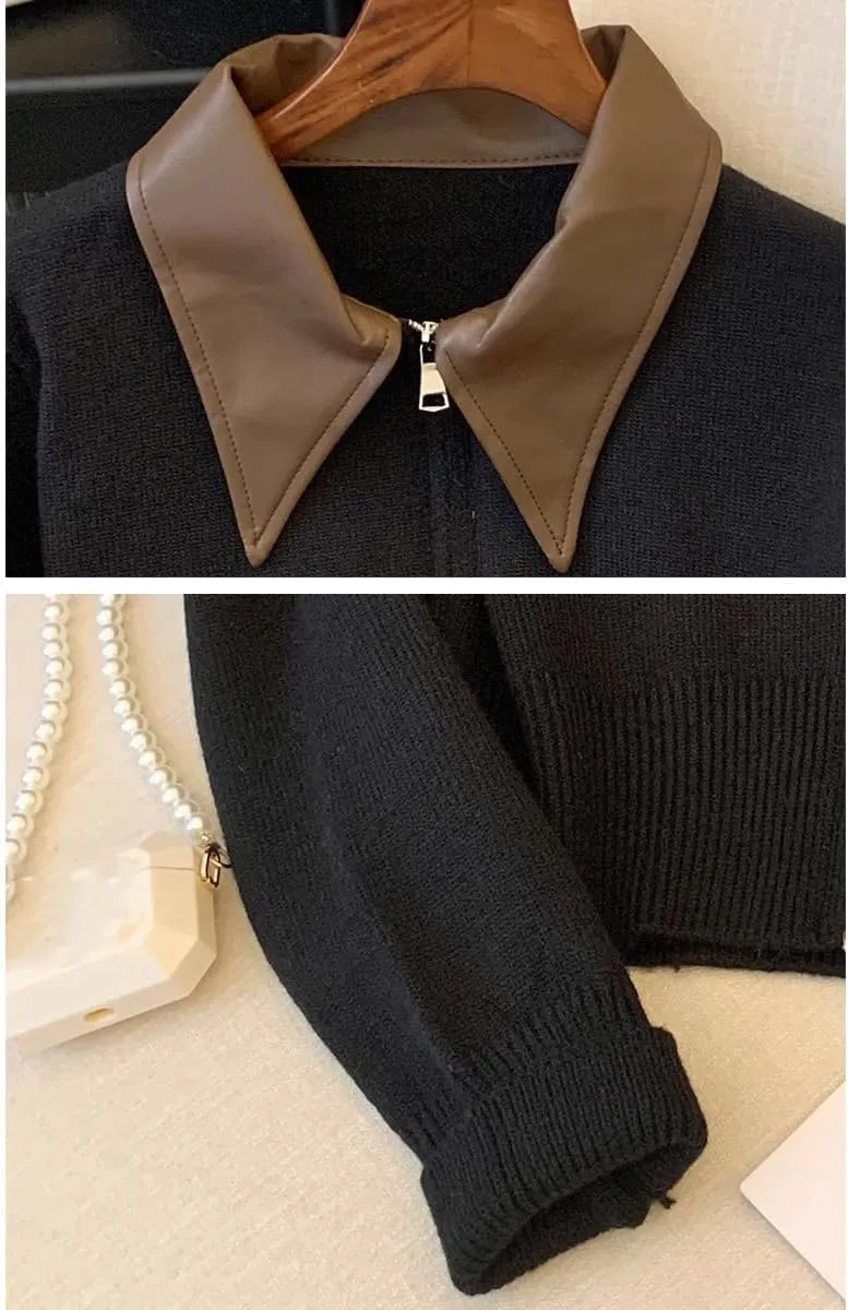 MOLERFO Cropped Cardigan Women Leather Collared Zip up Jacket Knit Sweater Aesthetic Cute Sweaters Fall 2024 Trendy