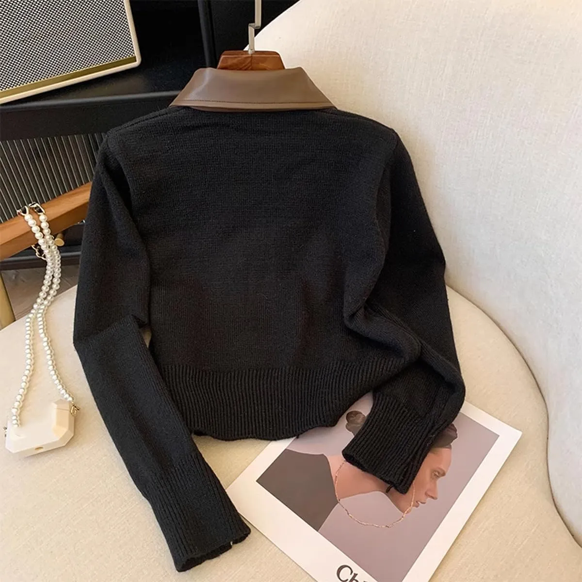 MOLERFO Cropped Cardigan Women Leather Collared Zip up Jacket Knit Sweater Aesthetic Cute Sweaters Fall 2024 Trendy