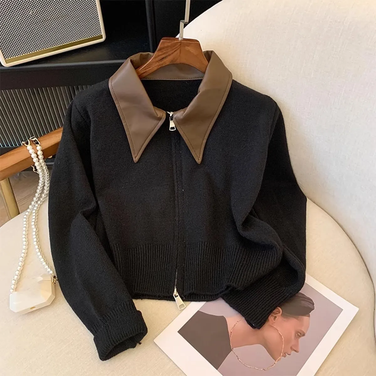 MOLERFO Cropped Cardigan Women Leather Collared Zip up Jacket Knit Sweater Aesthetic Cute Sweaters Fall 2024 Trendy