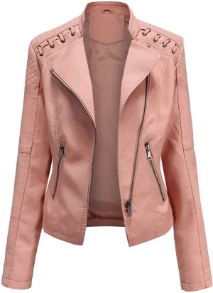 Motorcycle Jacket for Women Faux Leather Slim Fit Biker Coats Asymmetrical Zipper Long Sleeve Moto Jackets