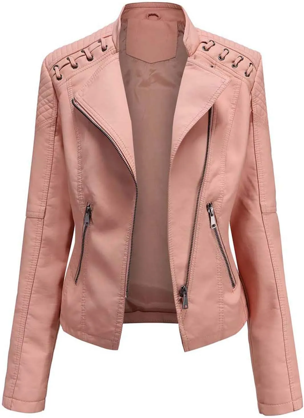 Motorcycle Jacket for Women Faux Leather Slim Fit Biker Coats Asymmetrical Zipper Long Sleeve Moto Jackets