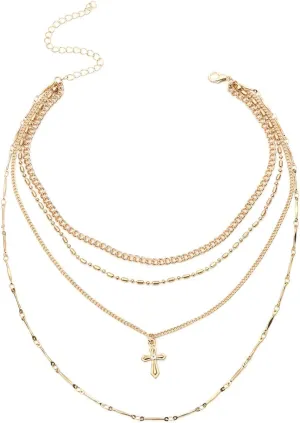Multilayer Necklaces for Women, Dainty Layered Choker Necklace Cross Pendant Chain Necklaces for Womens, 4 Layers, Gold, 38CM