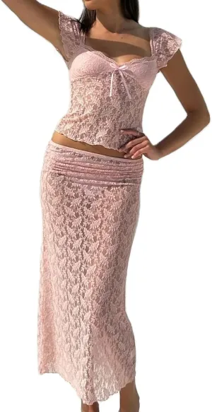Mxiqqpltky Lace Maxi Skirt Set for Women 2 Piece Outfit Cap Sleeve Low Cut Crop Top and Low Waist Long Skirt Y2k Clubwear