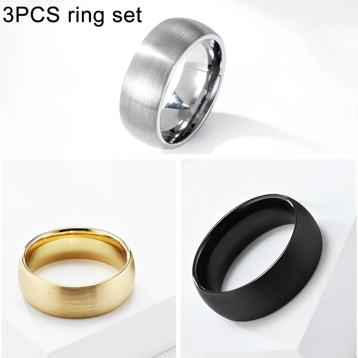 Nanafast 3PCS Stainless Steel Rings for Men 8MM Wedding Ring Set Simple Mens Rings Band Gold/Black/Silver