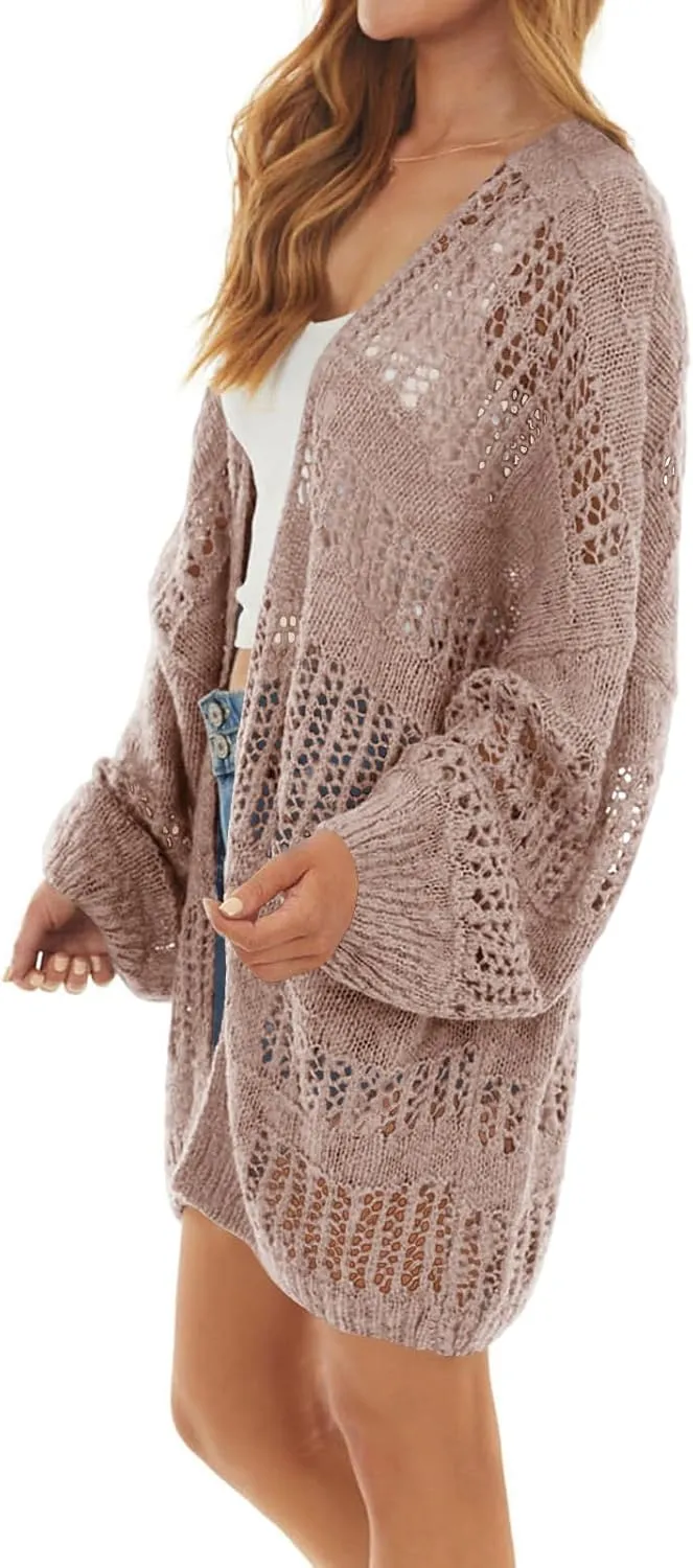 Newffr Womens Lightweight Crochet Oversized Cardigan Sweaters Kimono Boho Long Sleeve Open Front Knitted Cover Ups