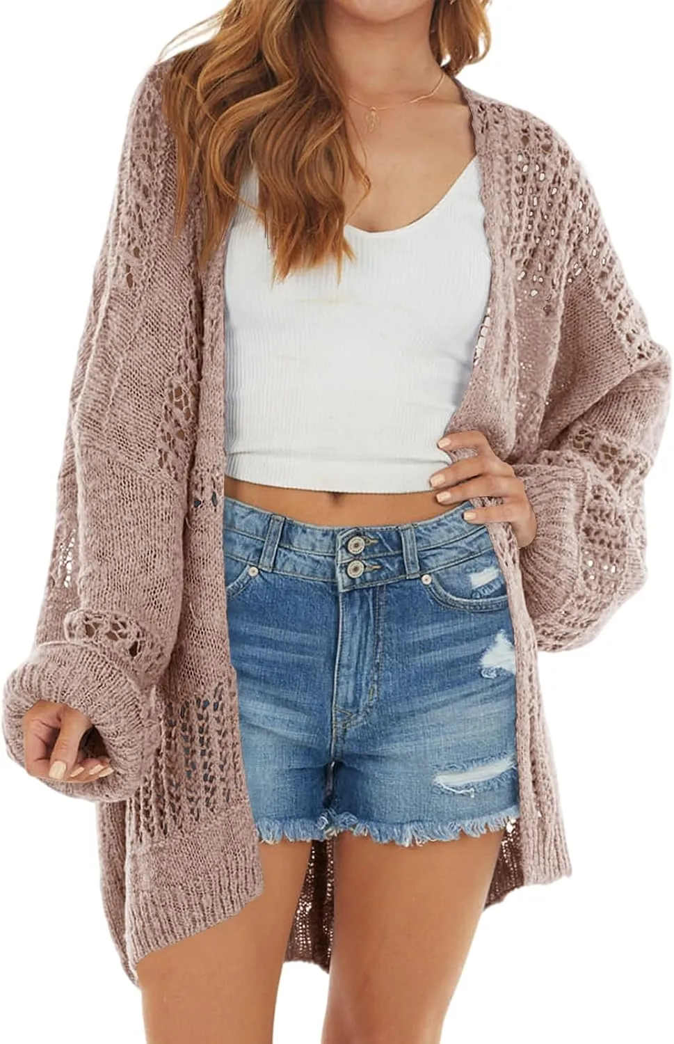 Newffr Womens Lightweight Crochet Oversized Cardigan Sweaters Kimono Boho Long Sleeve Open Front Knitted Cover Ups