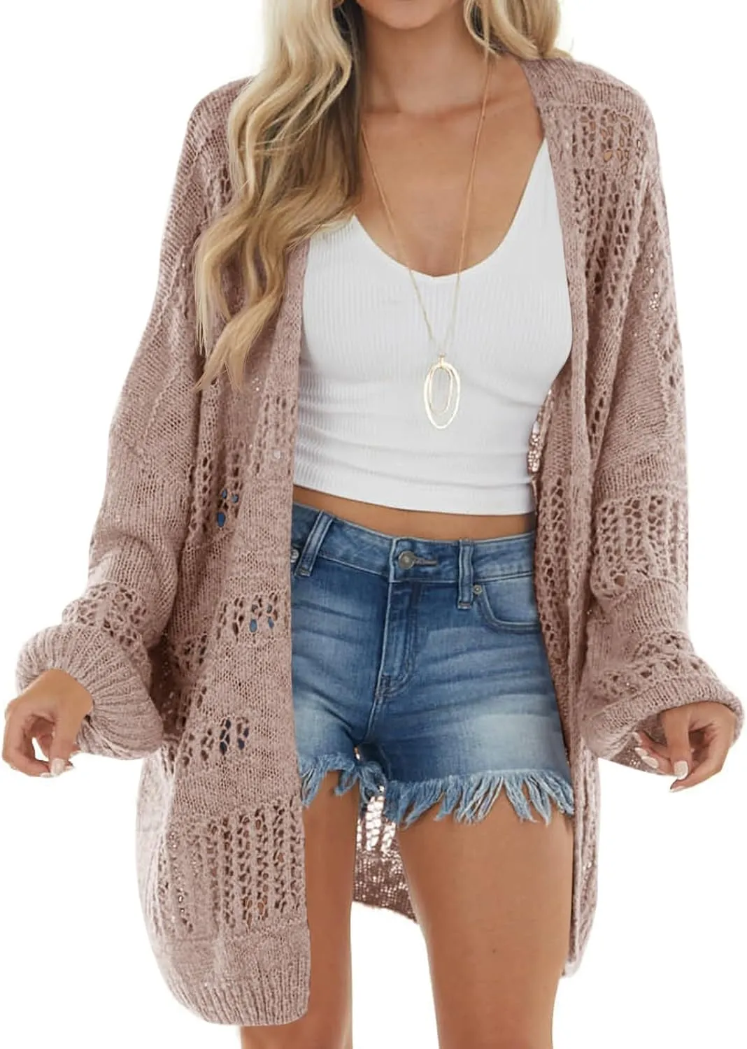 Newffr Womens Lightweight Crochet Oversized Cardigan Sweaters Kimono Boho Long Sleeve Open Front Knitted Cover Ups