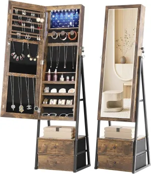 Nicetree Jewelry Cabinet Armoire with 2 Drawers, Lockable Standing Jewelry Mirror Cabinet, Full Length Mirror with Jewelry Storage, Rustic Brown