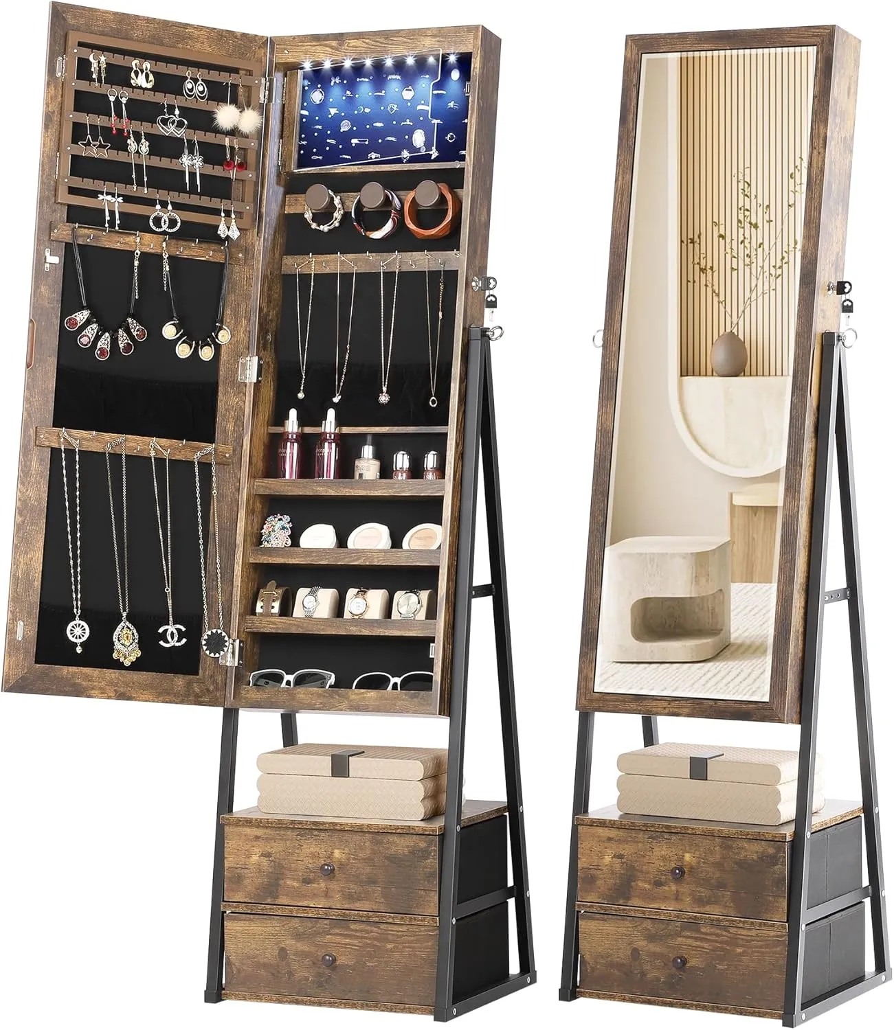 Nicetree Jewelry Cabinet Armoire with 2 Drawers, Lockable Standing Jewelry Mirror Cabinet, Full Length Mirror with Jewelry Storage, Rustic Brown
