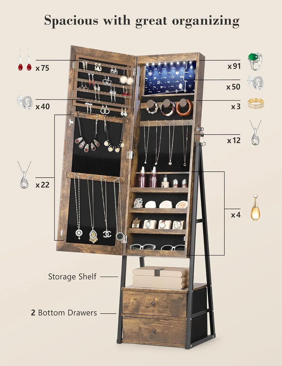 Nicetree Jewelry Cabinet Armoire with 2 Drawers, Lockable Standing Jewelry Mirror Cabinet, Full Length Mirror with Jewelry Storage, Rustic Brown