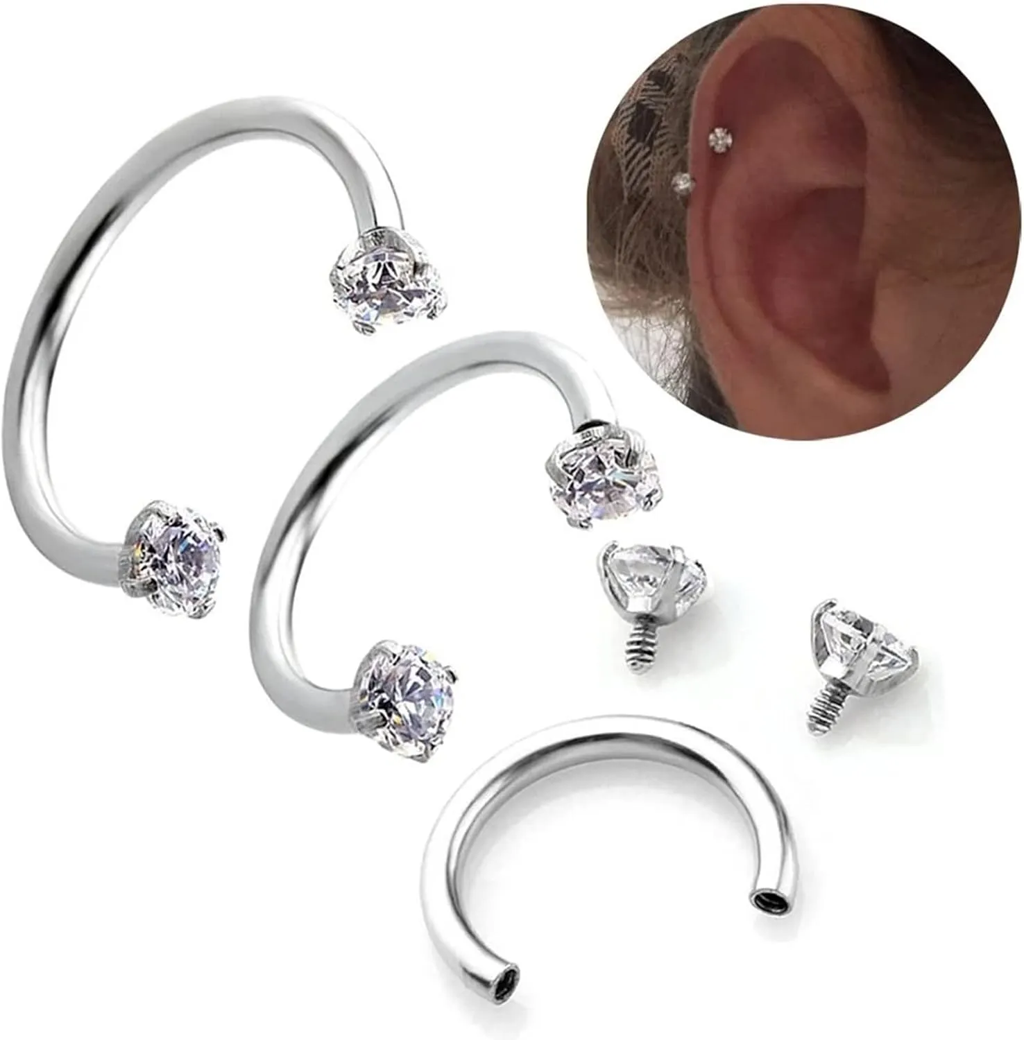Nose Piercing Jewelry, Stainless Steel Piercing Jewelry 1Pc Eyebrow Ring 1.2mm Thickness White Round Cubic Zirconia C Shape Piercing Jewelry Gift