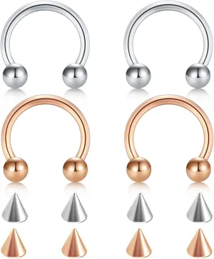 Nostril Piercing Jewelry, Stainless Steel Piercing Jewelry 4pcs 1.2mm Thickness Cuff Round Ends and Cone Piercing Jewelry Vacation Gift for Women