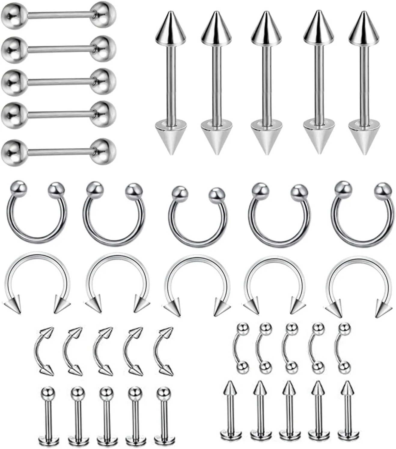 Nostril Piercing Jewelry, Stainless Steel Piercing Jewelry 8pcs Lip Eyebrow Tongue Ring 1.2mm Thickness U Shape Barbell Piercing Jewelry Gift