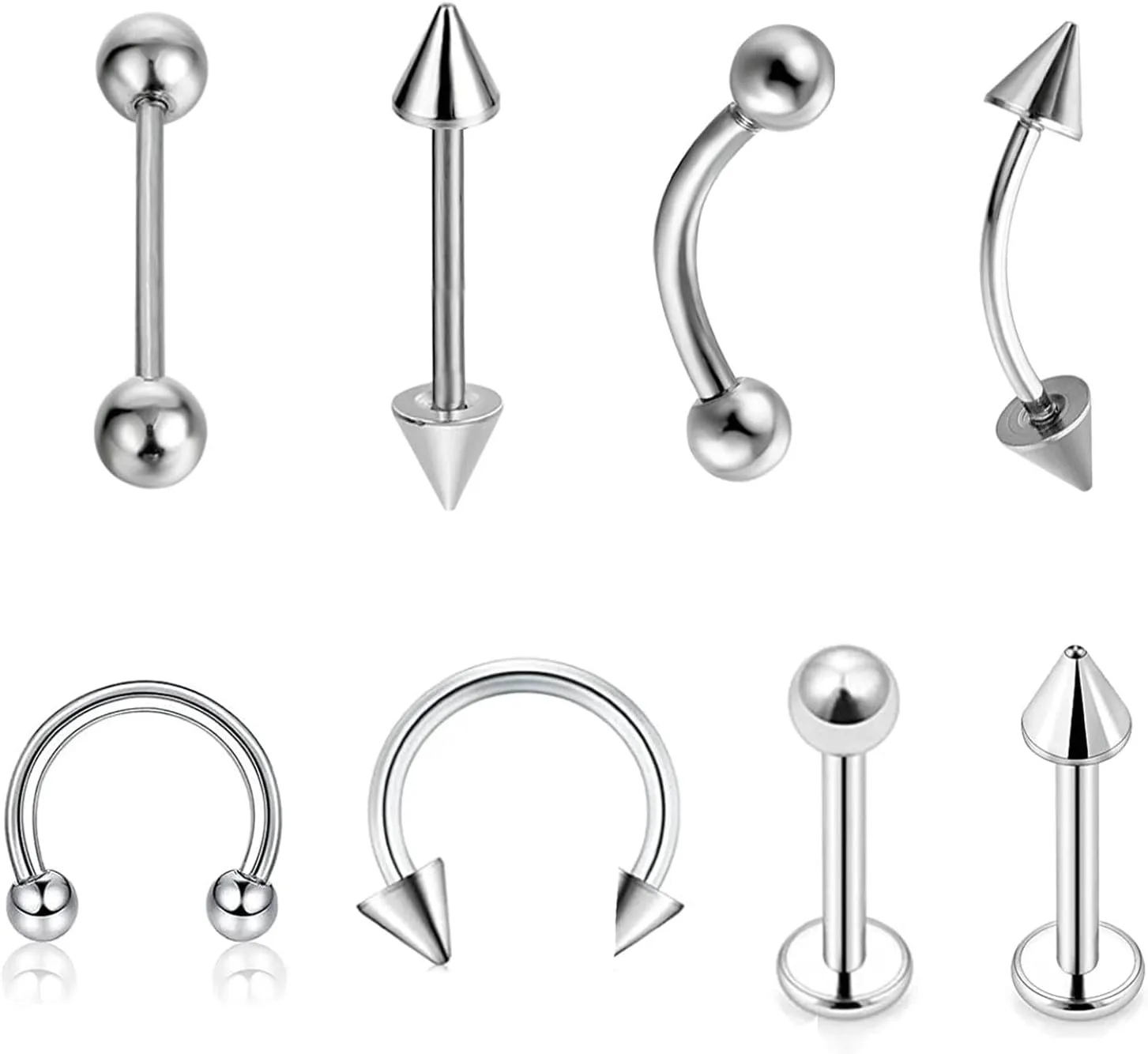Nostril Piercing Jewelry, Stainless Steel Piercing Jewelry 8pcs Lip Eyebrow Tongue Ring 1.2mm Thickness U Shape Barbell Piercing Jewelry Gift