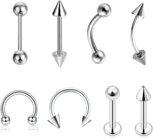 Nostril Piercing Jewelry, Stainless Steel Piercing Jewelry 8pcs Lip Eyebrow Tongue Ring 1.2mm Thickness U Shape Barbell Piercing Jewelry Gift